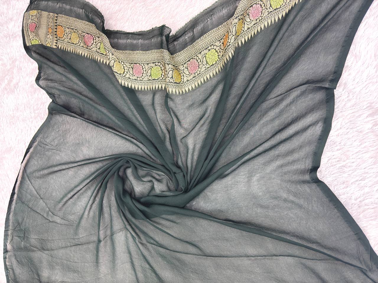 Mint Green Khaddi Georgette Saree with Ornate Kinkhwab Mosaic Jaal and Charcoal Black Borders