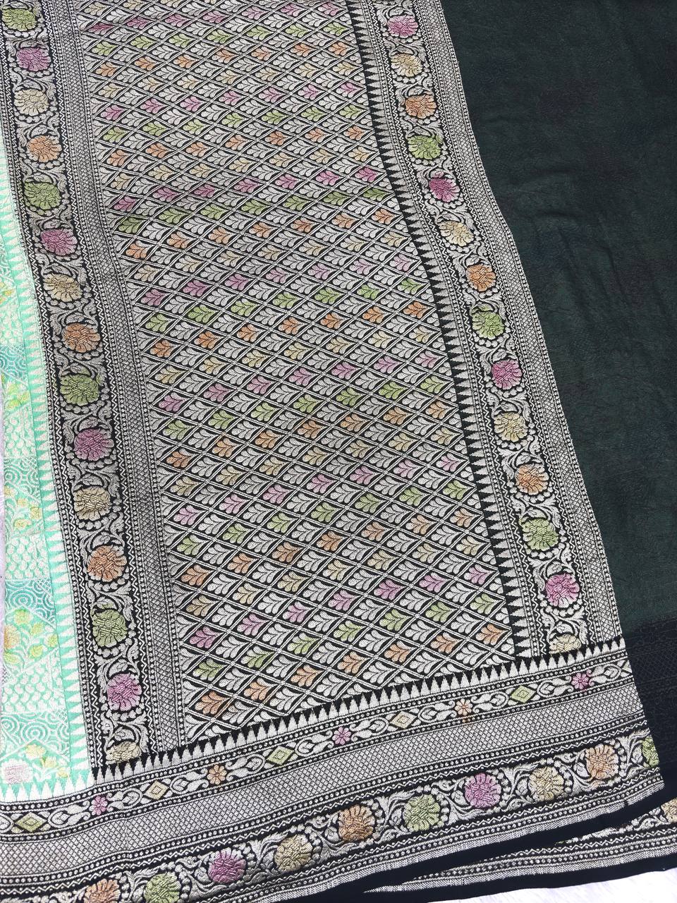 Mint Green Khaddi Georgette Saree with Ornate Kinkhwab Mosaic Jaal and Charcoal Black Borders