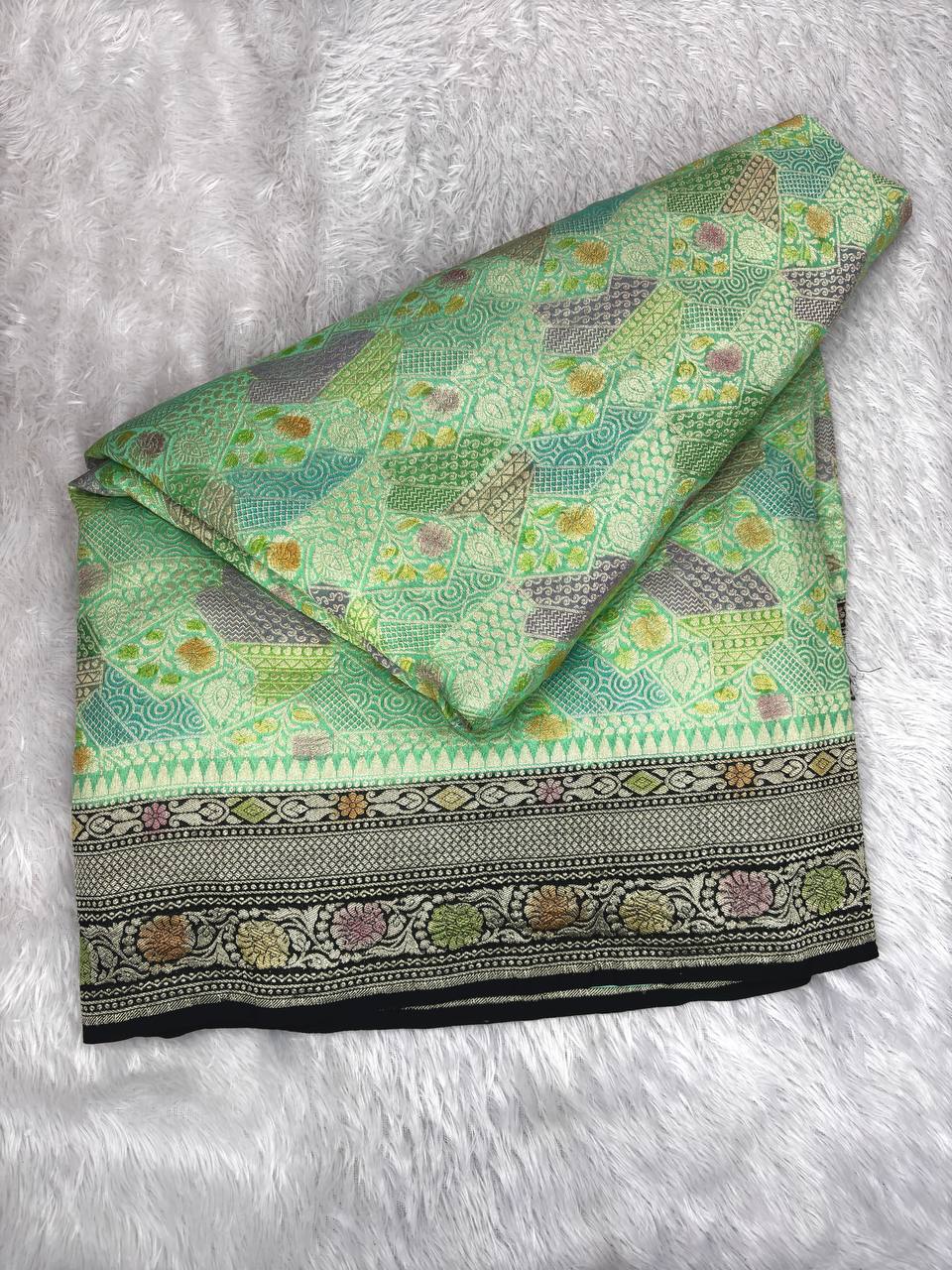 Mint Green Khaddi Georgette Saree with Ornate Kinkhwab Mosaic Jaal and Charcoal Black Borders
