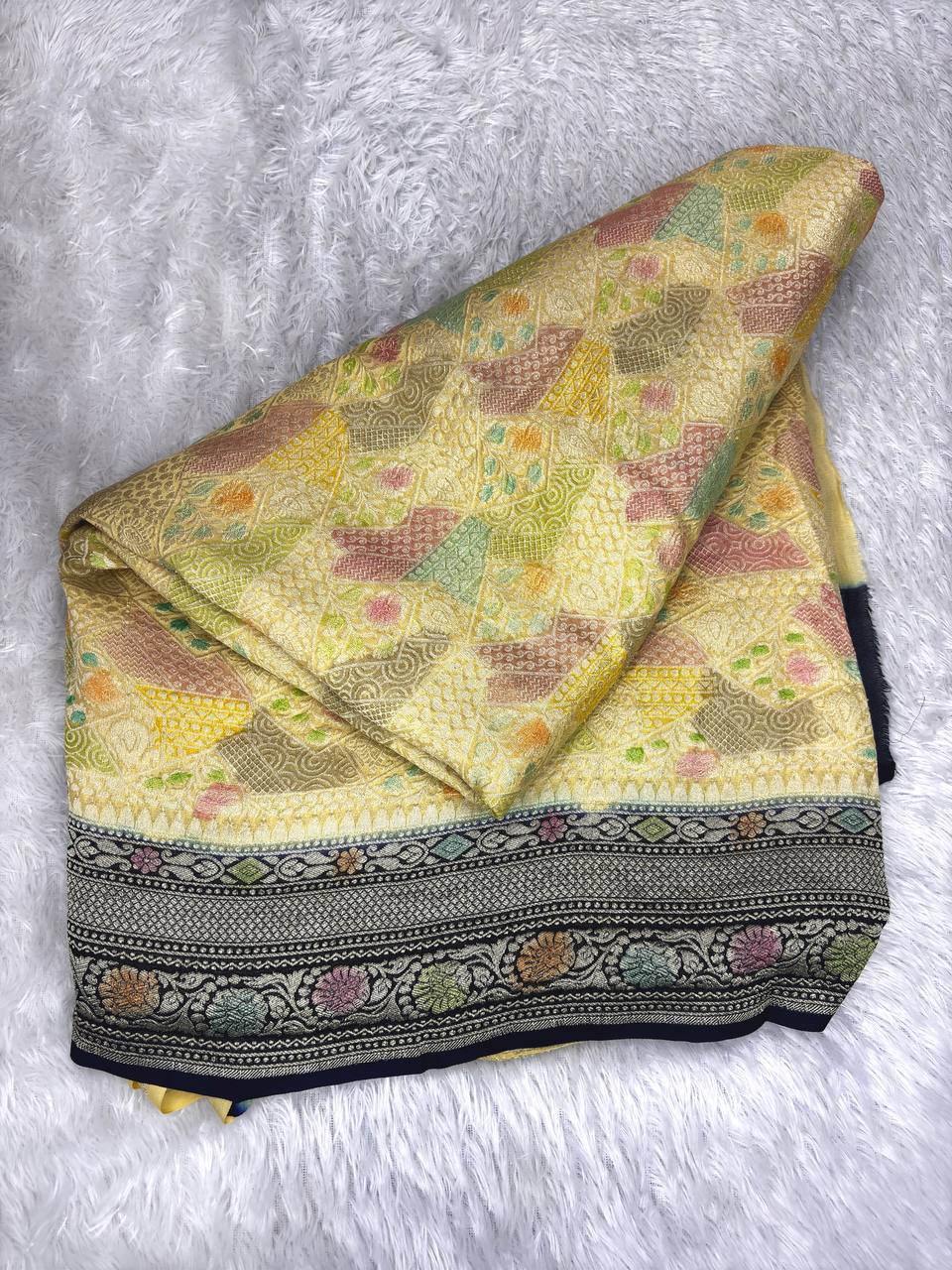 Lemon Yellow Khaddi Georgette Saree with Ornate Kinkhwab Mosaic Jaal and Charcoal Black Borders