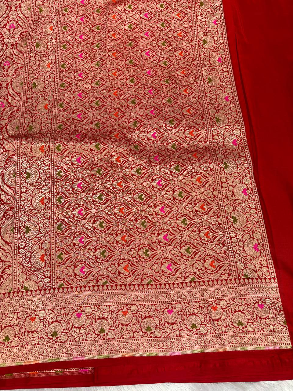 Classic Red Katan Silk Banarasi Saree with Antique Gold Zari Brocade and Meenakari Accents