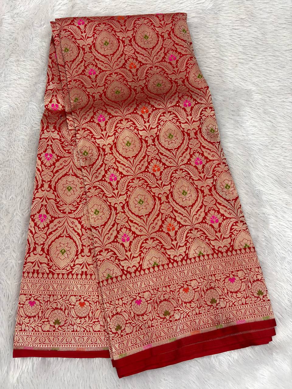 Classic Red Katan Silk Banarasi Saree with Antique Gold Zari Brocade and Meenakari Accents