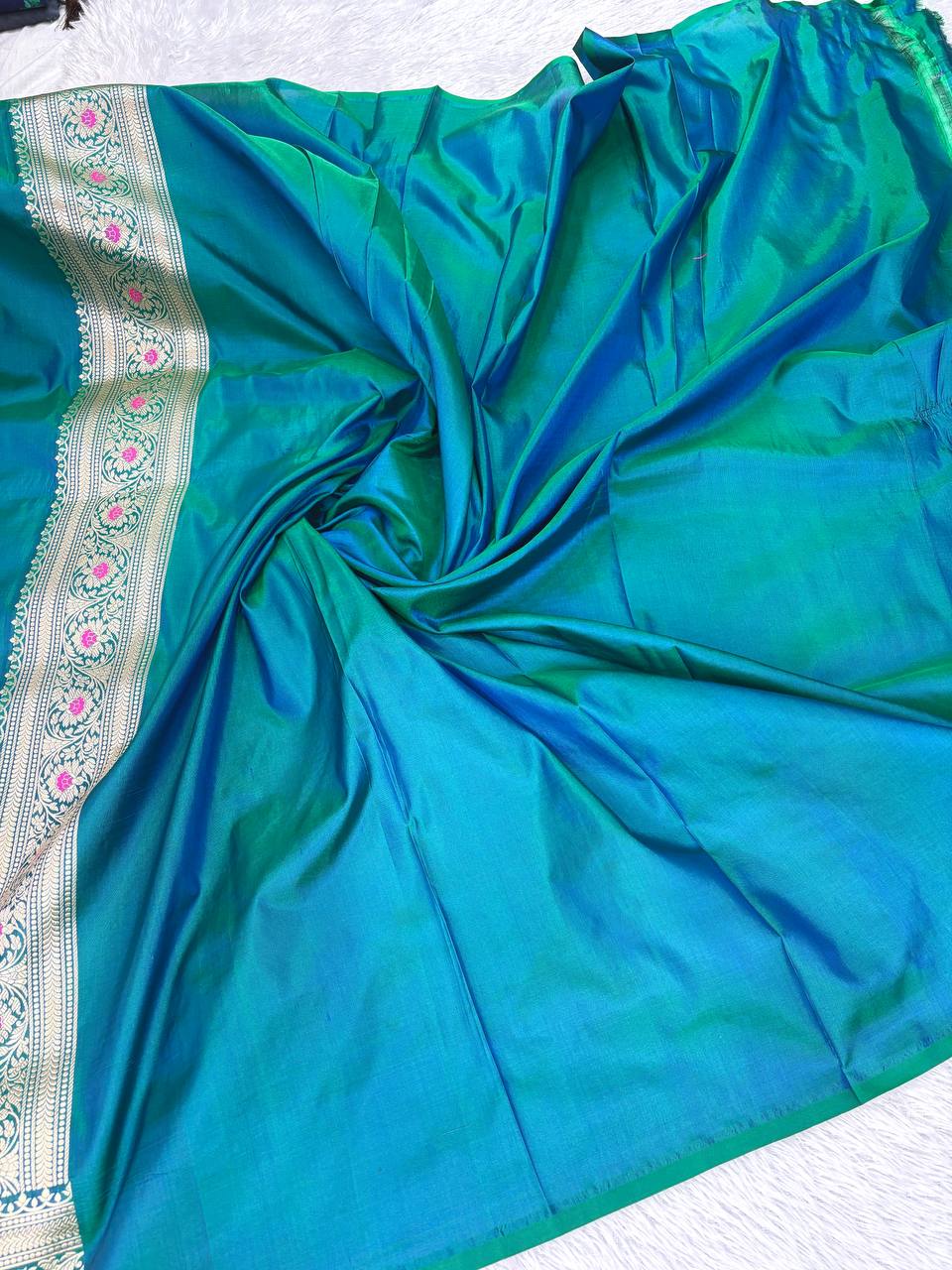 Teal Katan Silk Banarasi Saree with Antique Gold Floral Jaal and Meenakari Accents