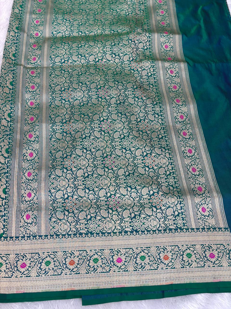Teal Katan Silk Banarasi Saree with Antique Gold Floral Jaal and Meenakari Accents