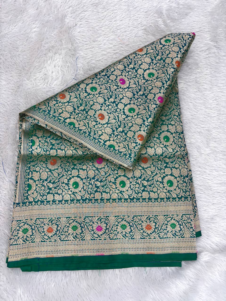 Teal Katan Silk Banarasi Saree with Antique Gold Floral Jaal and Meenakari Accents