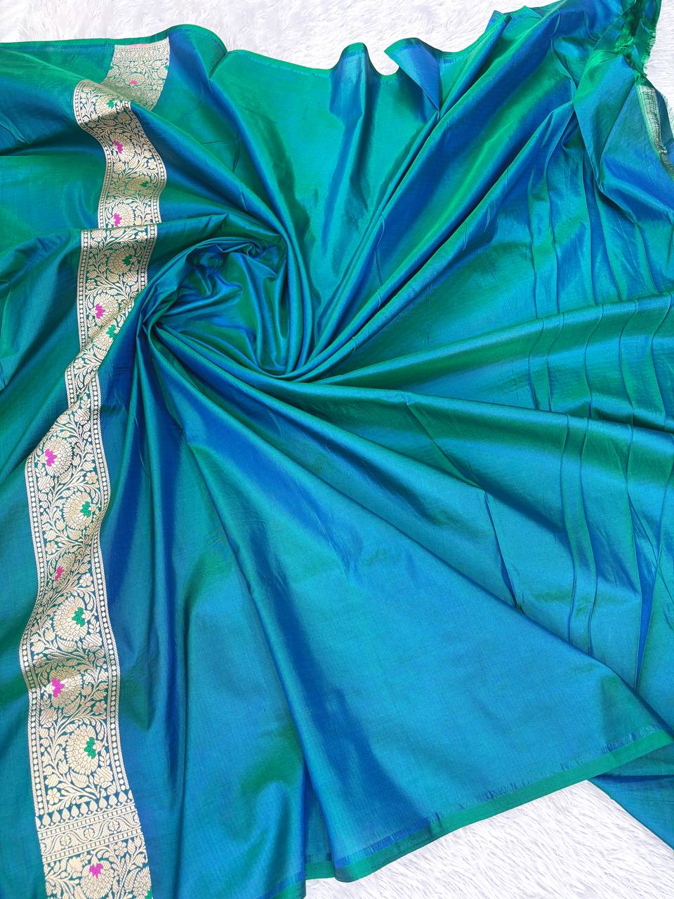 Teal Katan Silk Banarasi Saree with Antique Gold Floral Jaal and Meenakari Accents