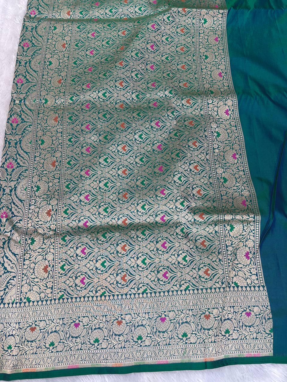Teal Katan Silk Banarasi Saree with Antique Gold Floral Jaal and Meenakari Accents
