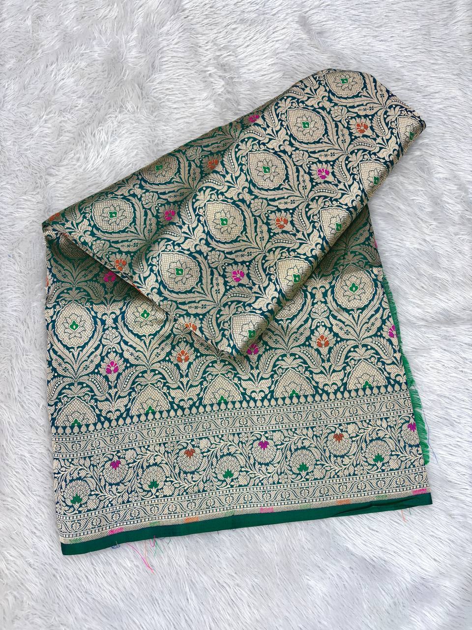 Teal Katan Silk Banarasi Saree with Antique Gold Floral Jaal and Meenakari Accents