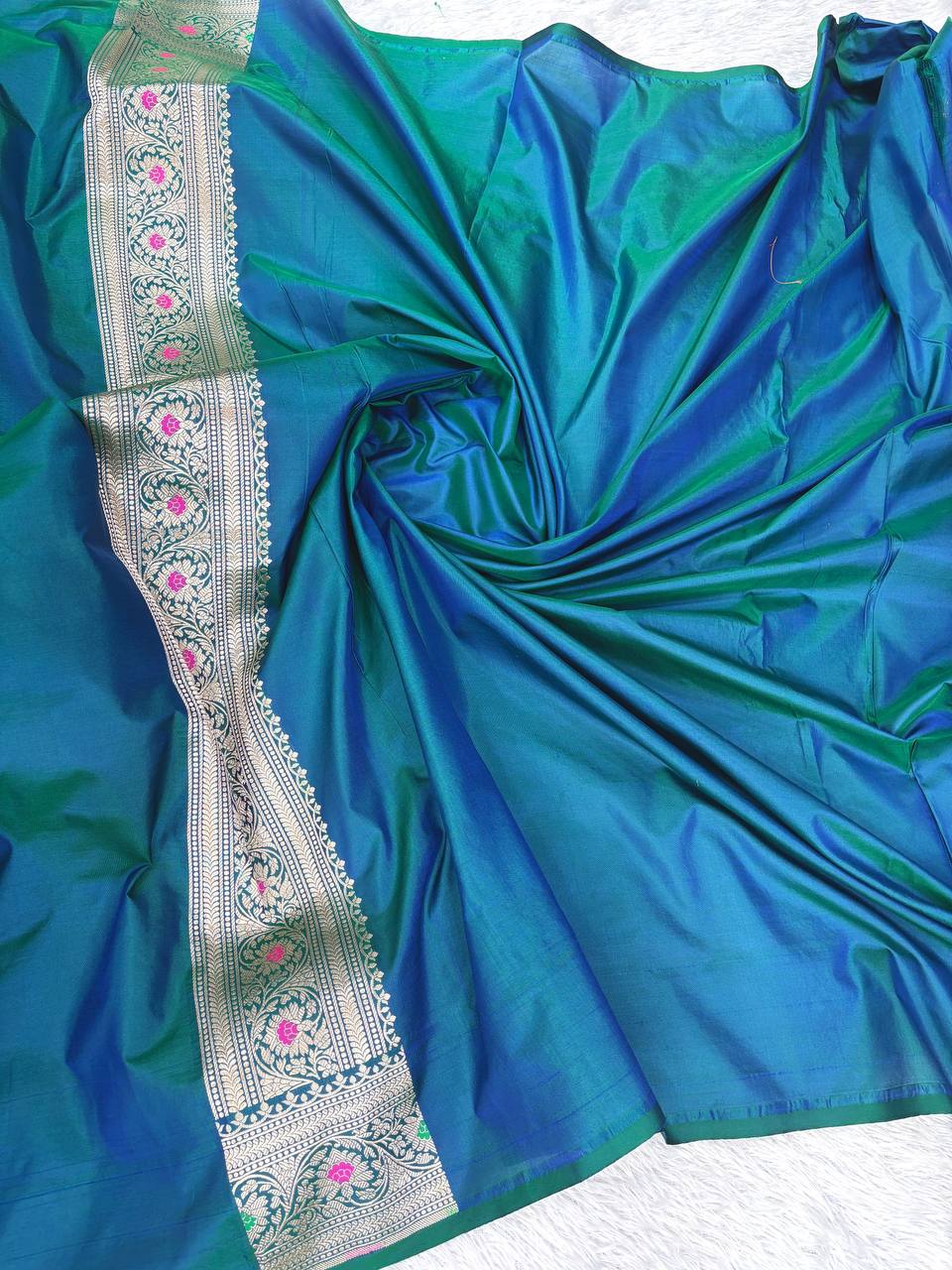 Teal Katan Silk Banarasi Saree with Antique Gold Leaf Jaal and Meenakari Accents