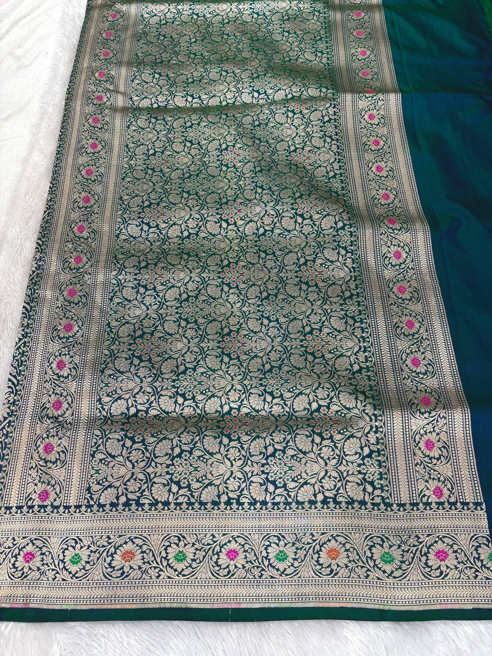 Teal Katan Silk Banarasi Saree with Antique Gold Leaf Jaal and Meenakari Accents