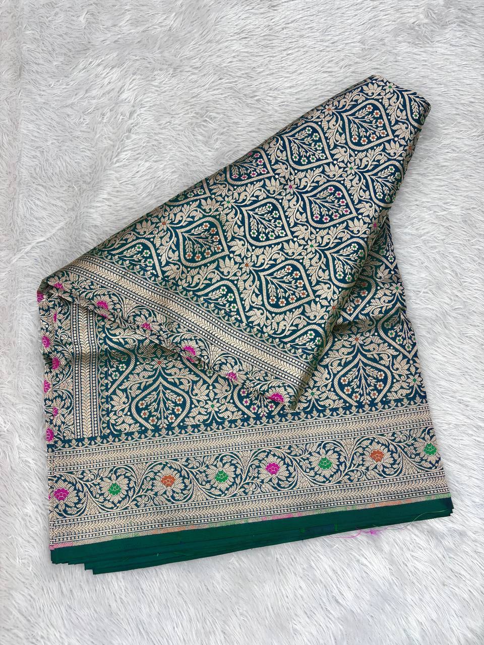 Teal Katan Silk Banarasi Saree with Antique Gold Leaf Jaal and Meenakari Accents