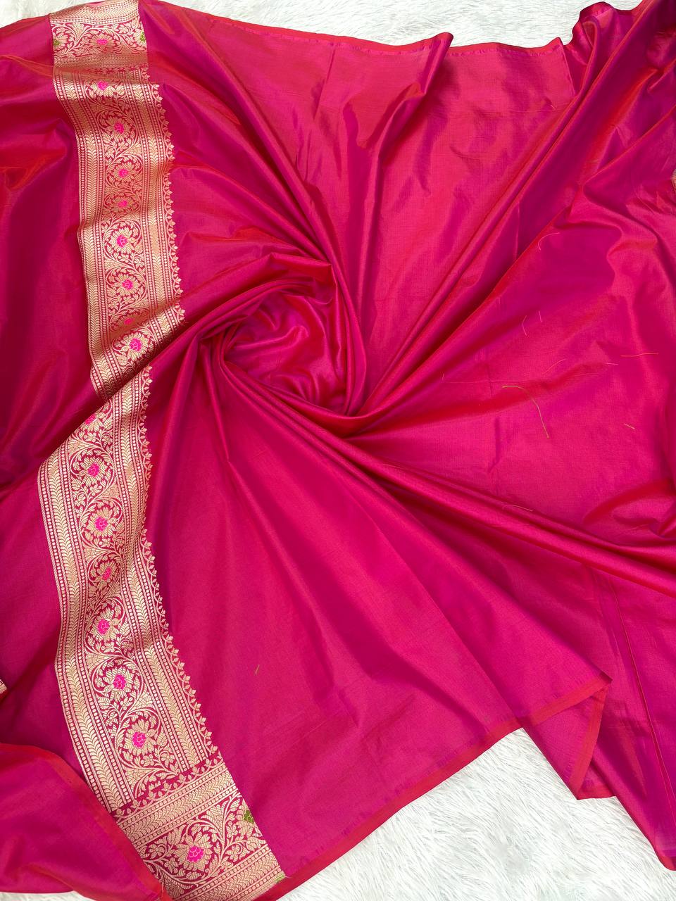 Rani Pink Katan Silk Banarasi Saree with Antique Gold Floral Jaal and Meenakari Accents