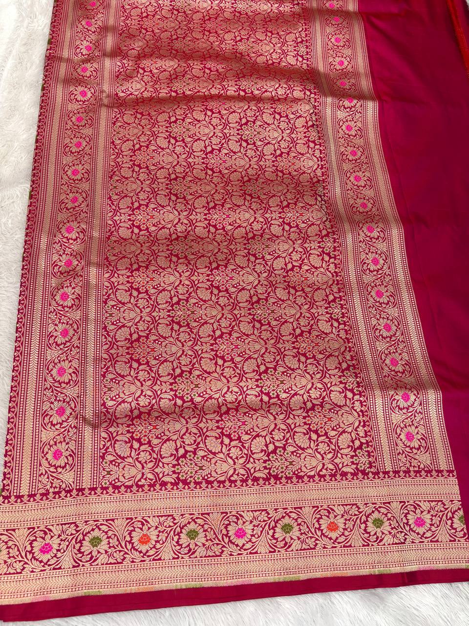 Rani Pink Katan Silk Banarasi Saree with Antique Gold Floral Jaal and Meenakari Accents