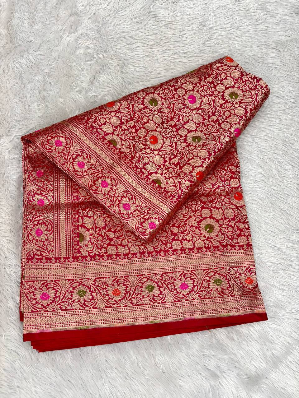 Rani Pink Katan Silk Banarasi Saree with Antique Gold Floral Jaal and Meenakari Accents