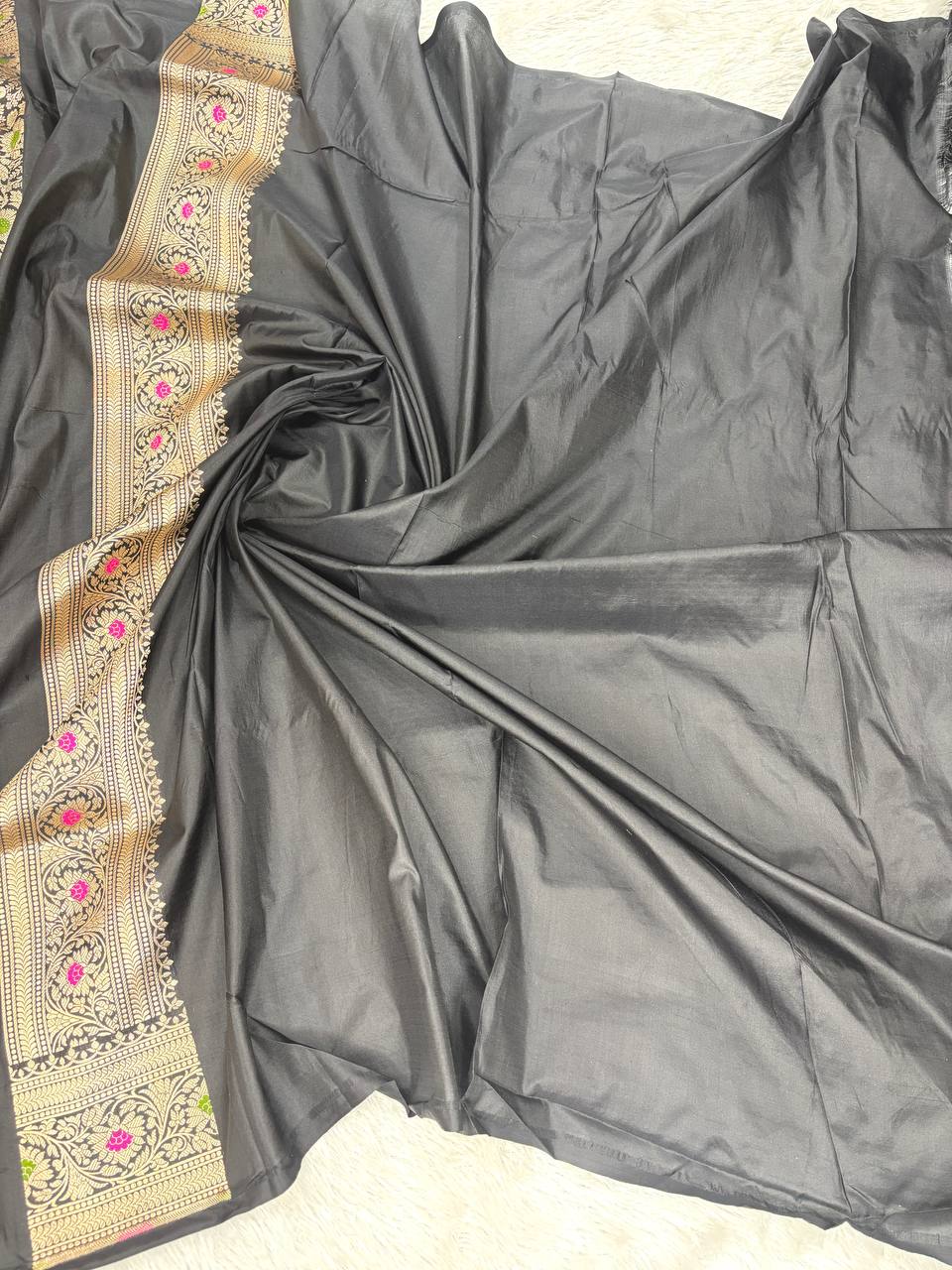 Ebony Black Katan Silk Banarasi Saree with Antique Silver Floral Jaal and Vibrant Meenakari Florals