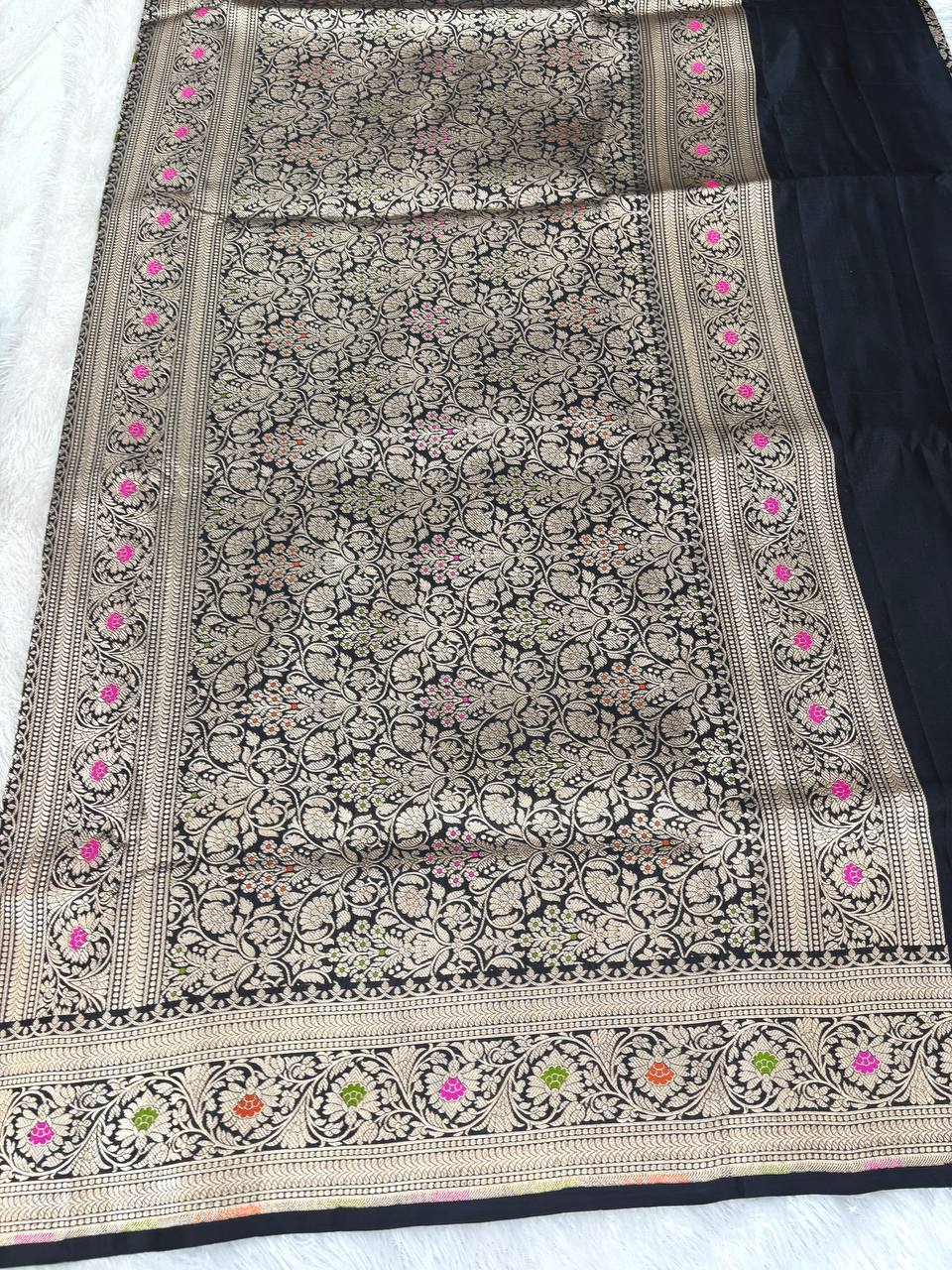 Ebony Black Katan Silk Banarasi Saree with Antique Silver Floral Jaal and Vibrant Meenakari Florals