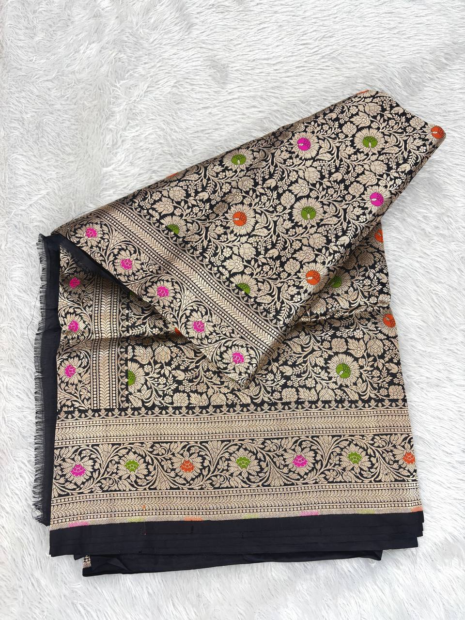 Ebony Black Katan Silk Banarasi Saree with Antique Silver Floral Jaal and Vibrant Meenakari Florals