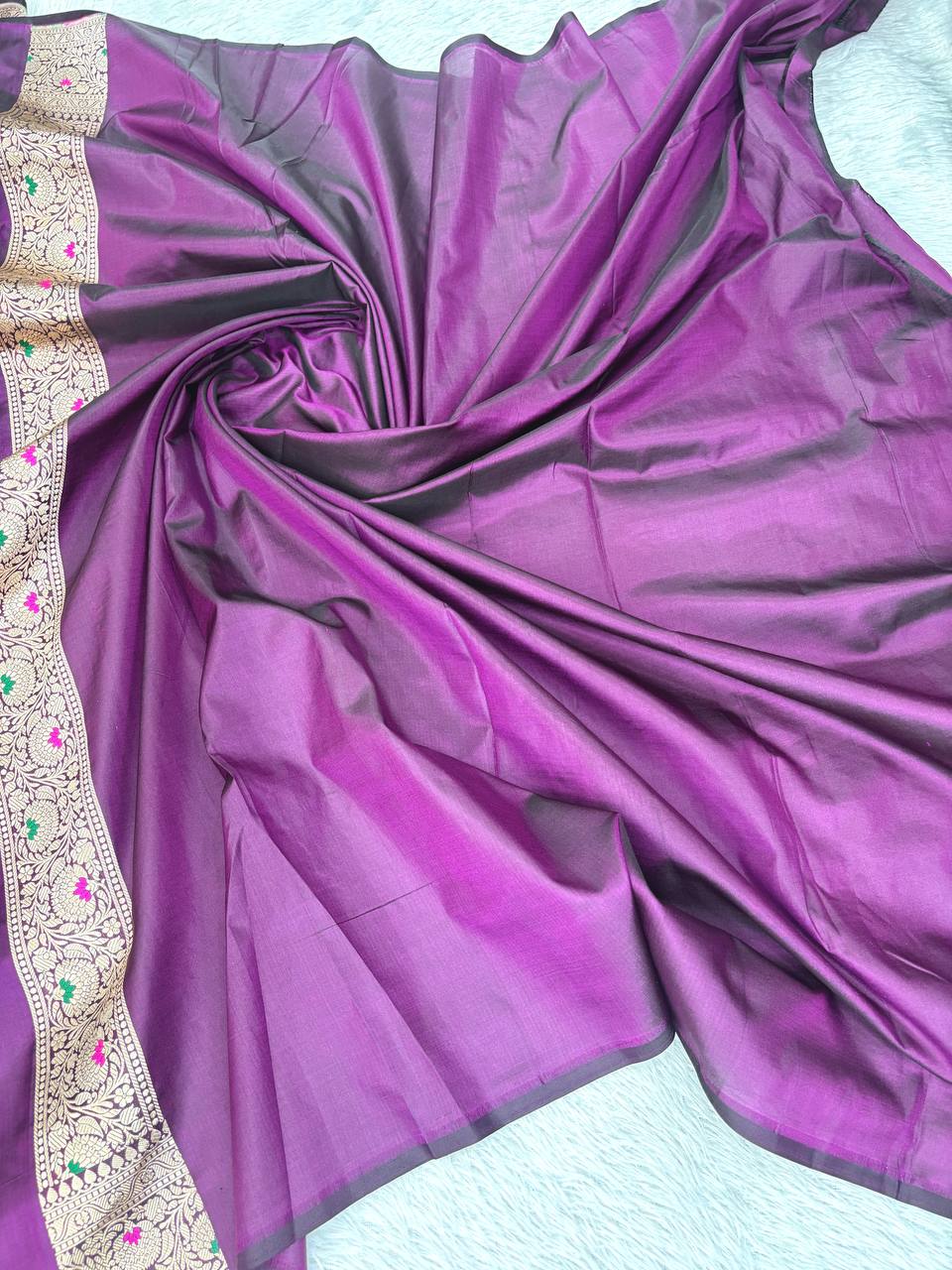Imperial Plum Katan Silk Banarasi Saree with Antique Gold Floral Jaal and Meenakari Accents