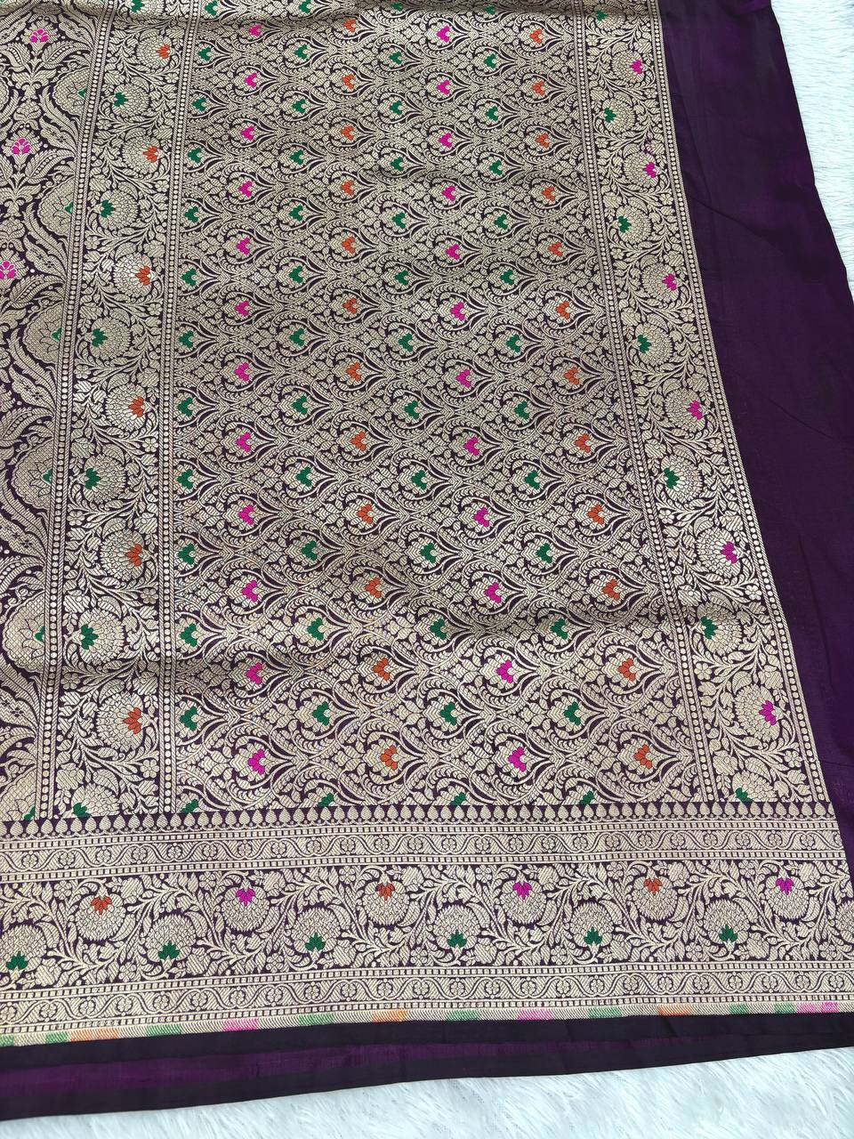 Imperial Plum Katan Silk Banarasi Saree with Antique Gold Floral Jaal and Meenakari Accents