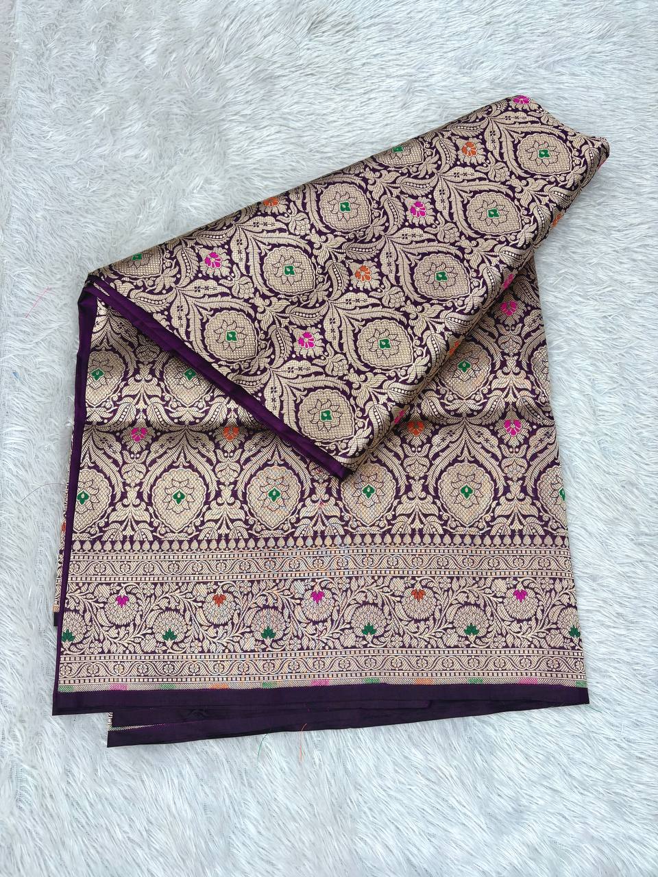 Imperial Plum Katan Silk Banarasi Saree with Antique Gold Floral Jaal and Meenakari Accents