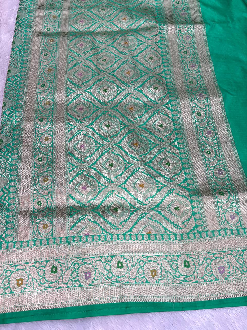 Emerald Green Katan Silk Banarasi Saree with Ornate Mosaic Brocade Jaal and Pastel Meenakari Accents