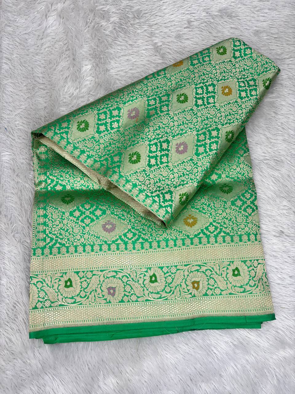Emerald Green Katan Silk Banarasi Saree with Ornate Mosaic Brocade Jaal and Pastel Meenakari Accents