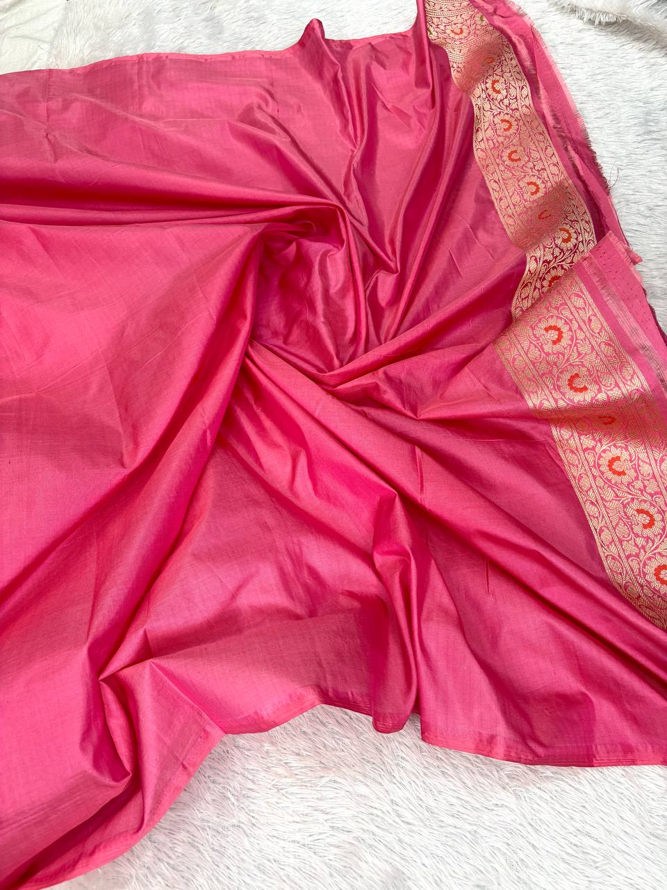 Rose Pink Katan Silk Banarasi Saree with Antique Gold Brocade and Vibrant Meenakari Accents