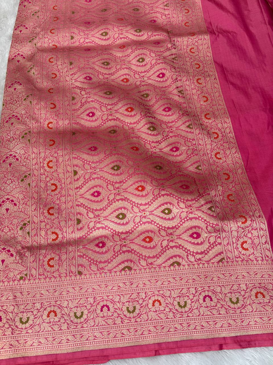 Rose Pink Katan Silk Banarasi Saree with Antique Gold Brocade and Vibrant Meenakari Accents