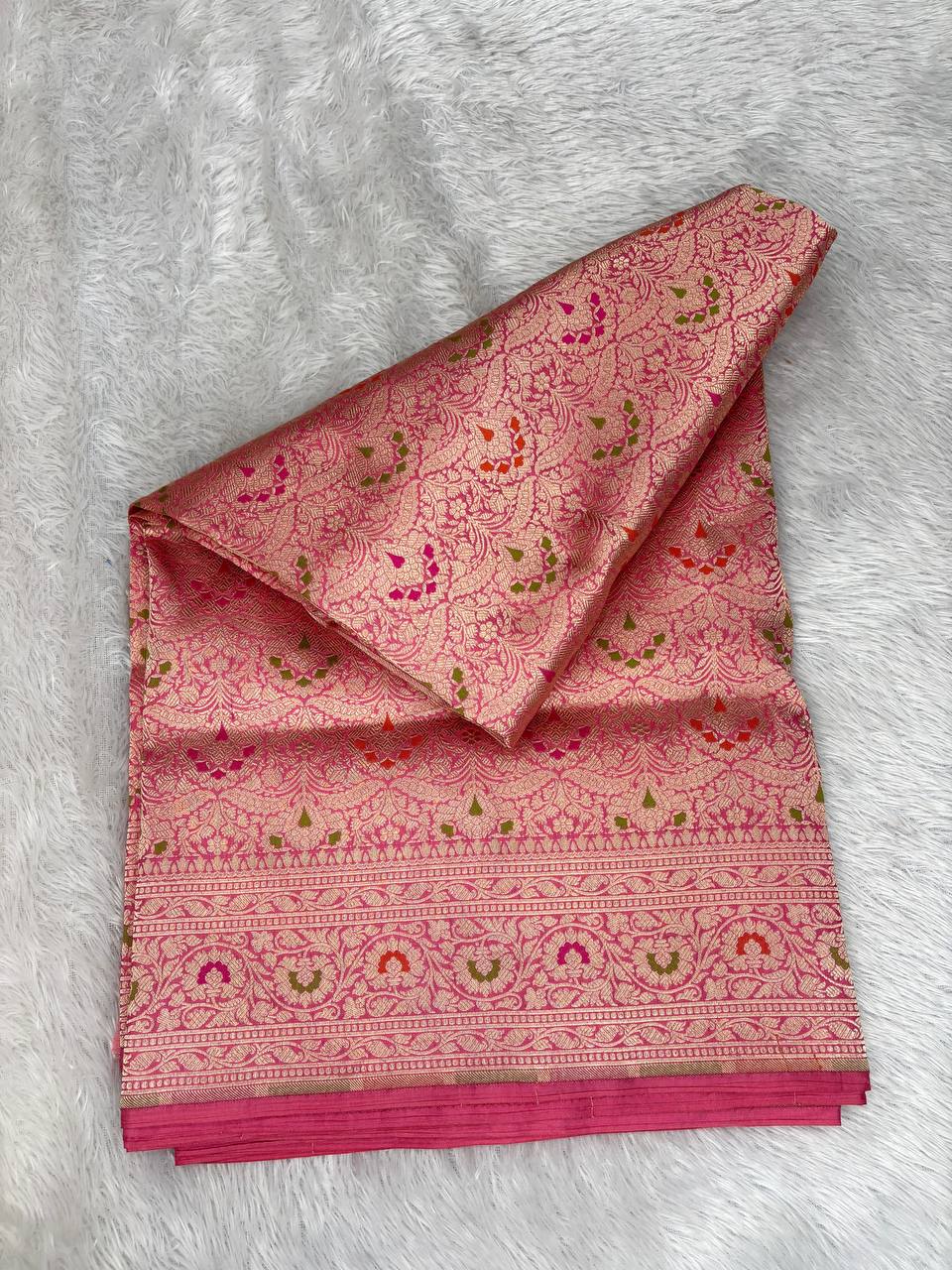 Rose Pink Katan Silk Banarasi Saree with Antique Gold Brocade and Vibrant Meenakari Accents
