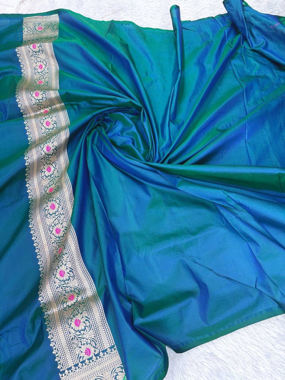 Teal Katan Silk Banarasi Saree with Antique Gold Leaf Jaal and Meenakari Accents