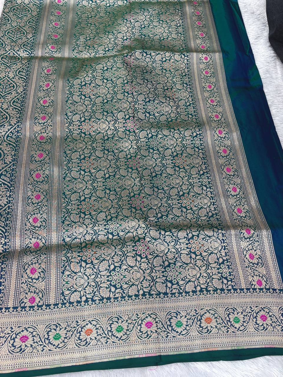 Teal Katan Silk Banarasi Saree with Antique Gold Leaf Jaal and Meenakari Accents