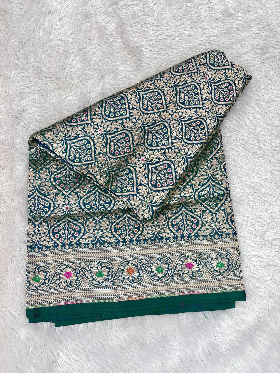Teal Katan Silk Banarasi Saree with Antique Gold Leaf Jaal and Meenakari Accents