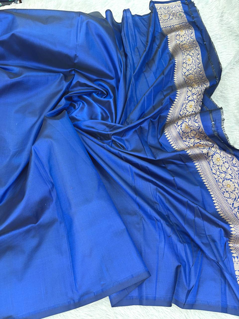 Royal Blue Katan Silk Banarasi Saree with Antique Gold Floral Jaal and Meenakari Accents