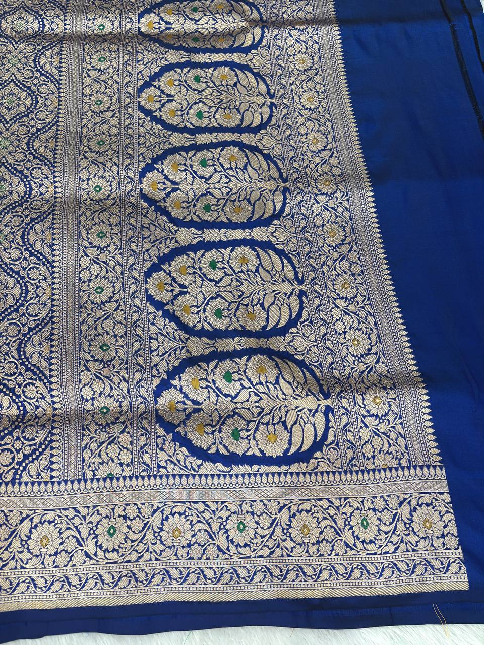 Royal Blue Katan Silk Banarasi Saree with Antique Gold Floral Jaal and Meenakari Accents