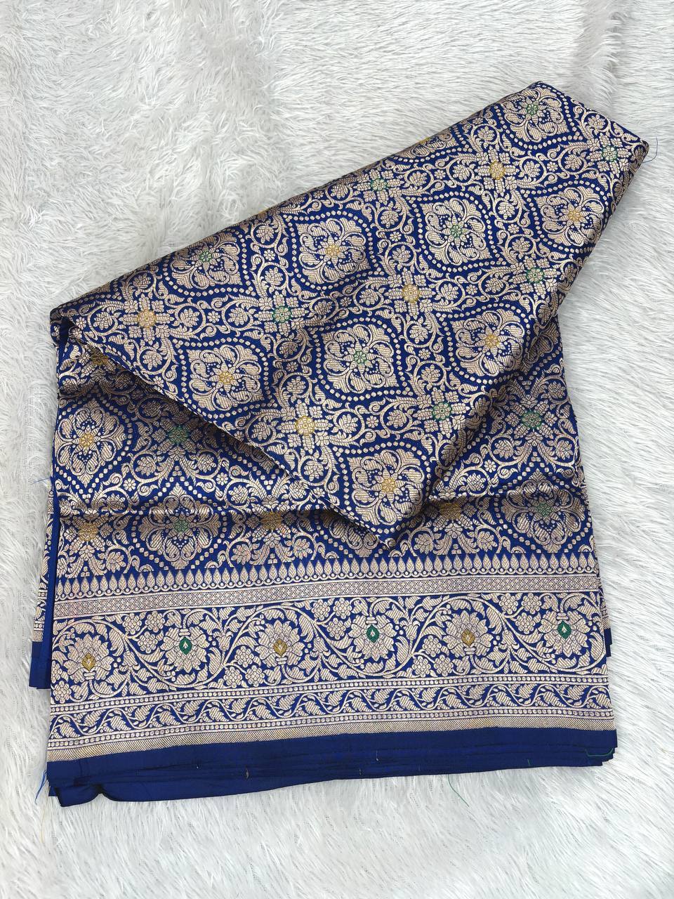 Royal Blue Katan Silk Banarasi Saree with Antique Gold Floral Jaal and Meenakari Accents