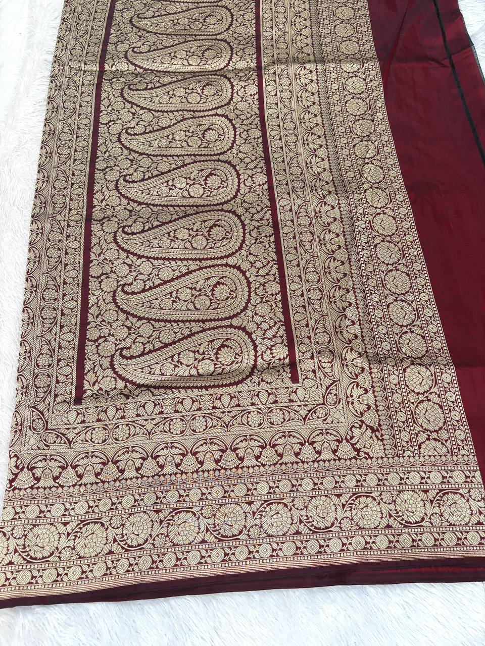 Burgundy Katan Silk Banarasi Saree with Ornate Gold Zari Mosaic Jaal and Paisley Pallu