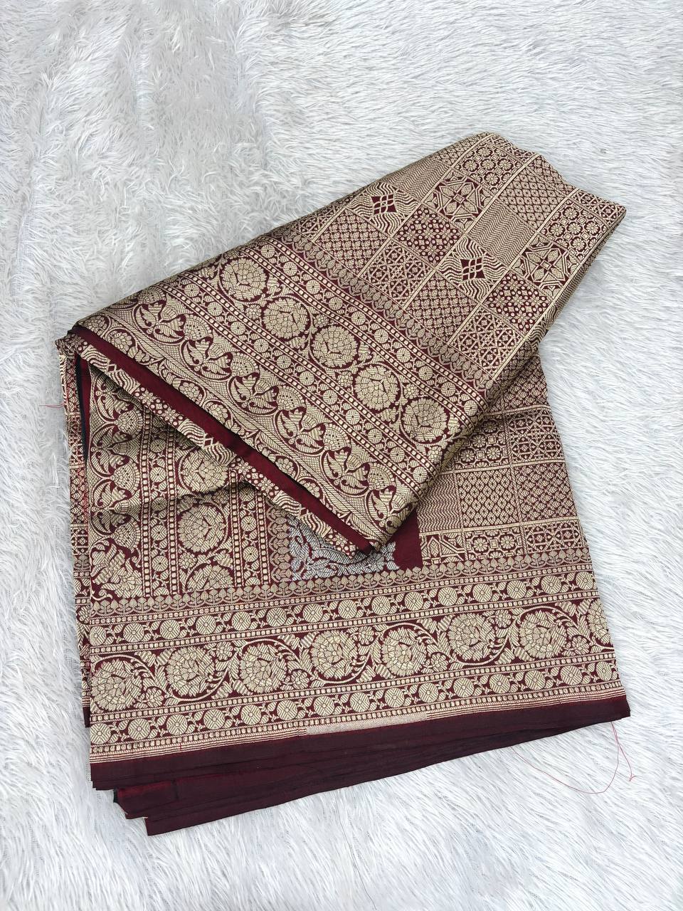 Burgundy Katan Silk Banarasi Saree with Ornate Gold Zari Mosaic Jaal and Paisley Pallu