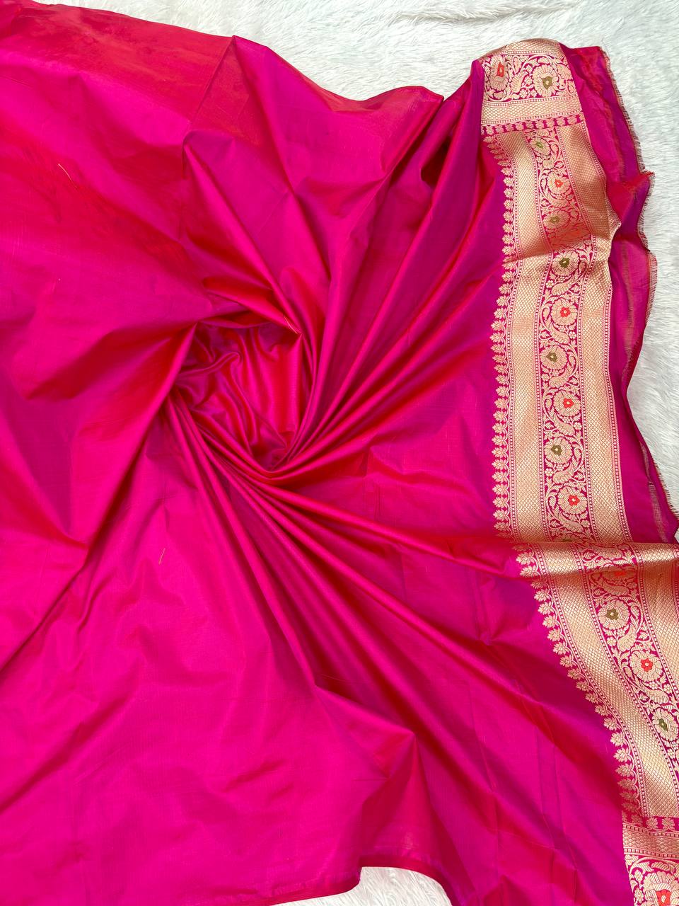 Fuchsia Pink Katan Silk Banarasi Saree with Ornate Mosaic Brocade Jaal and Pastel Meenakari Accents