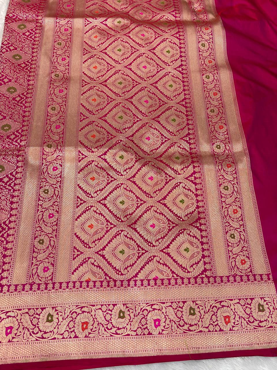 Fuchsia Pink Katan Silk Banarasi Saree with Ornate Mosaic Brocade Jaal and Pastel Meenakari Accents