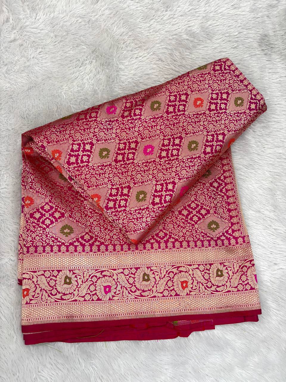 Fuchsia Pink Katan Silk Banarasi Saree with Ornate Mosaic Brocade Jaal and Pastel Meenakari Accents