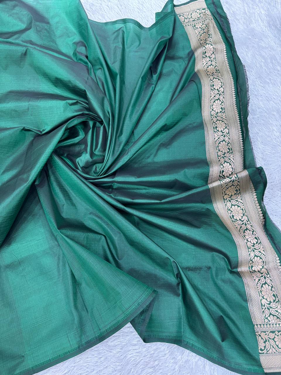 Bottle Green Katan Silk Banarasi Jungla Saree with Antique Gold Zari Cutwork and Ornate Pallu