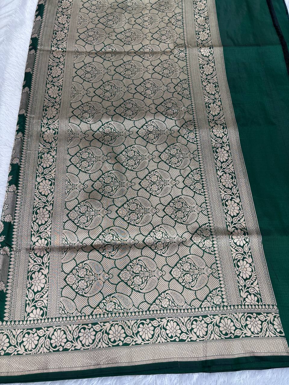 Bottle Green Katan Silk Banarasi Jungla Saree with Antique Gold Zari Cutwork and Ornate Pallu