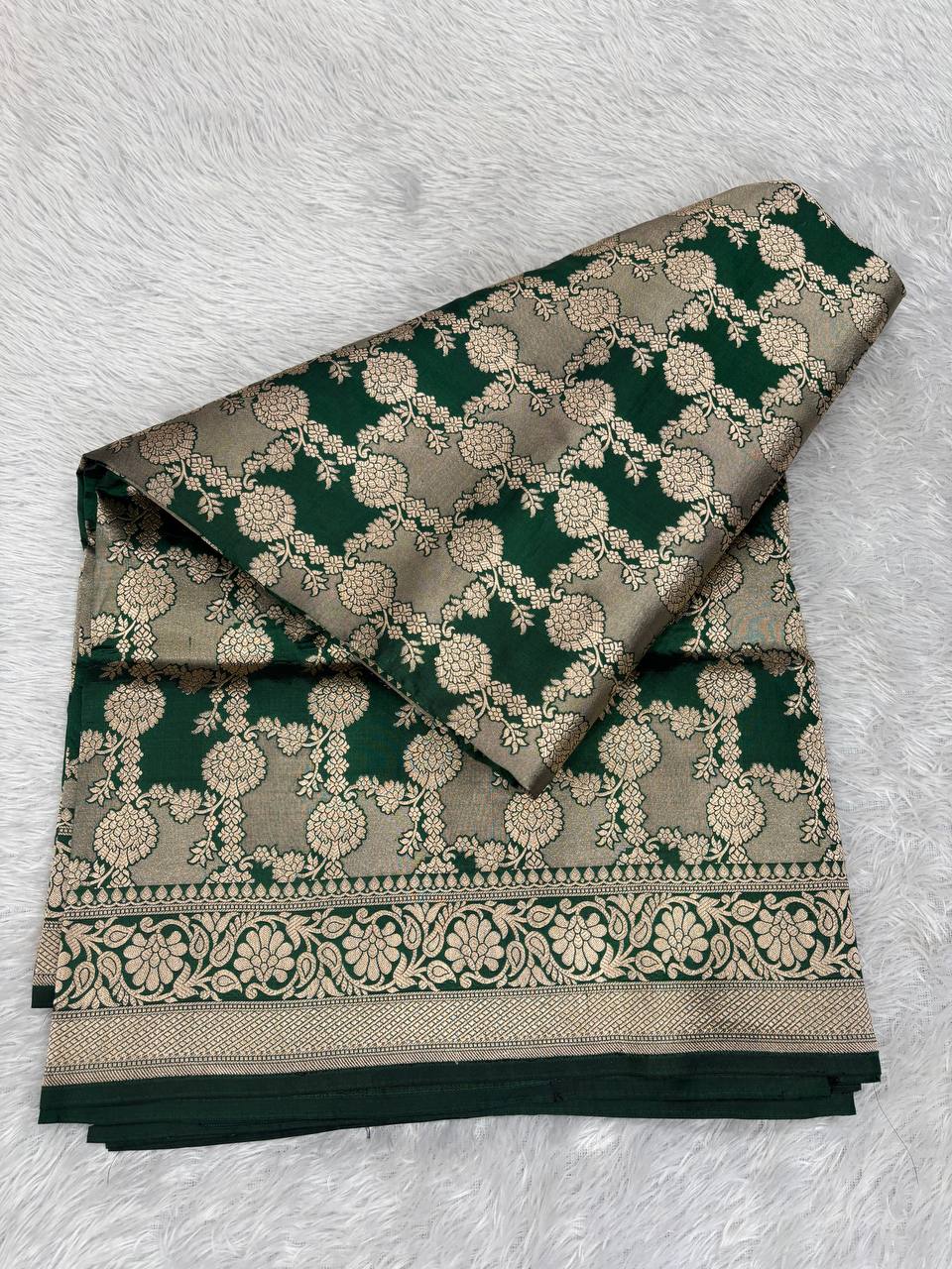 Bottle Green Katan Silk Banarasi Jungla Saree with Antique Gold Zari Cutwork and Ornate Pallu
