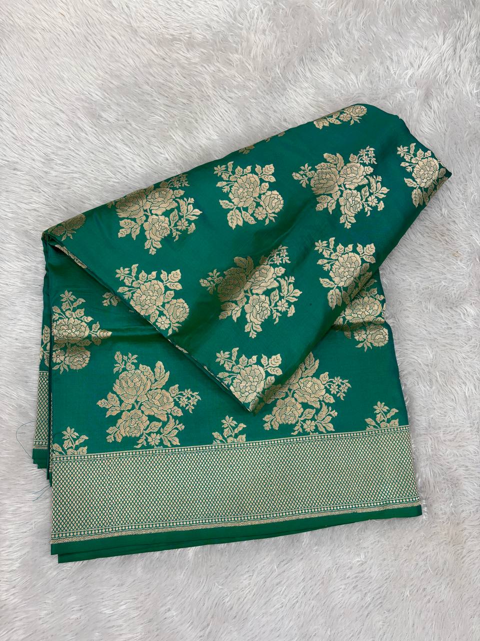 Emerald Green Katan Silk Banarasi Jungla Saree with Antique Gold Zari Cutwork and Diamond Lattice Pallu