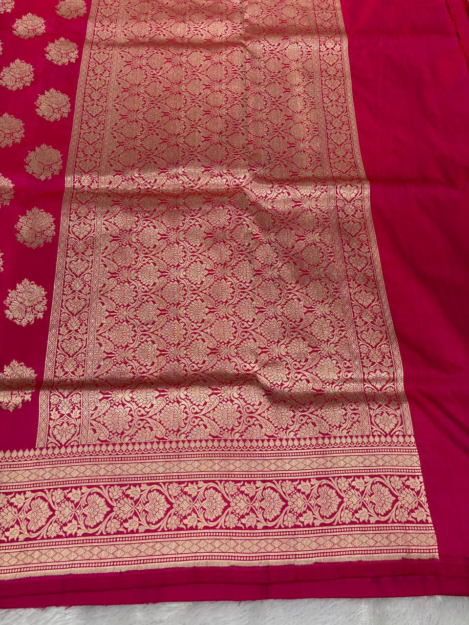 Deep Magenta Katan Silk Banarasi Jungla Saree with Antique Gold Zari Cutwork and Floral Lattice Pallu