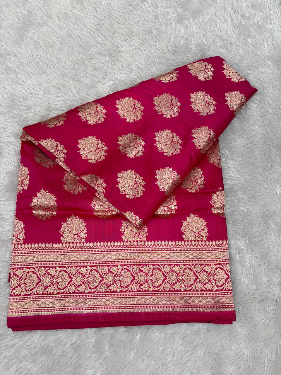 Deep Magenta Katan Silk Banarasi Jungla Saree with Antique Gold Zari Cutwork and Floral Lattice Pallu