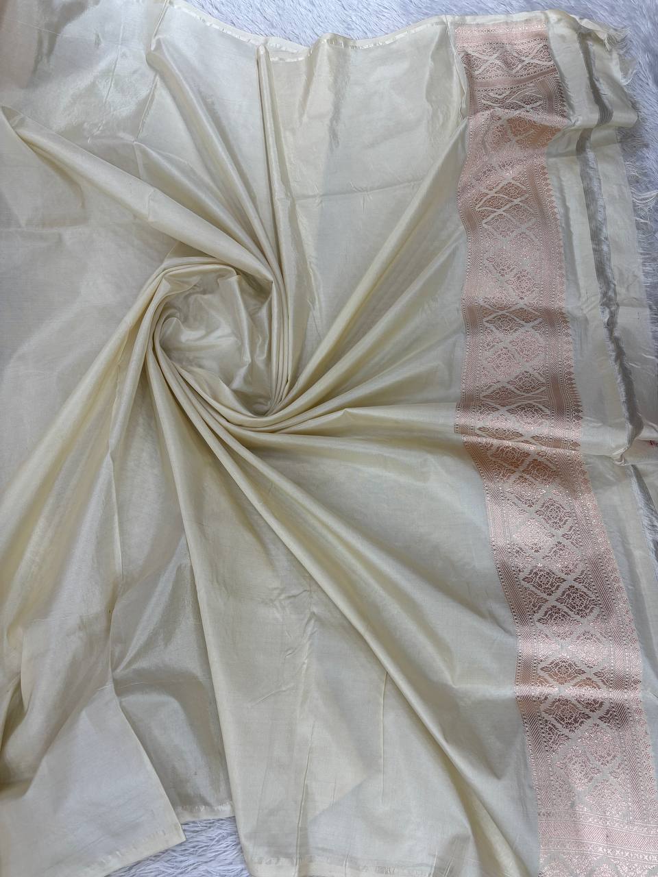 Off-White Katan Silk Banarasi Jungla Saree with Rose Gold Zari Cutwork and Grand Paisley Pallu