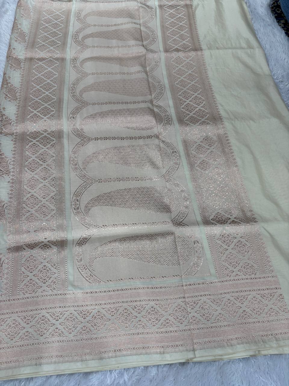 Off-White Katan Silk Banarasi Jungla Saree with Rose Gold Zari Cutwork and Grand Paisley Pallu