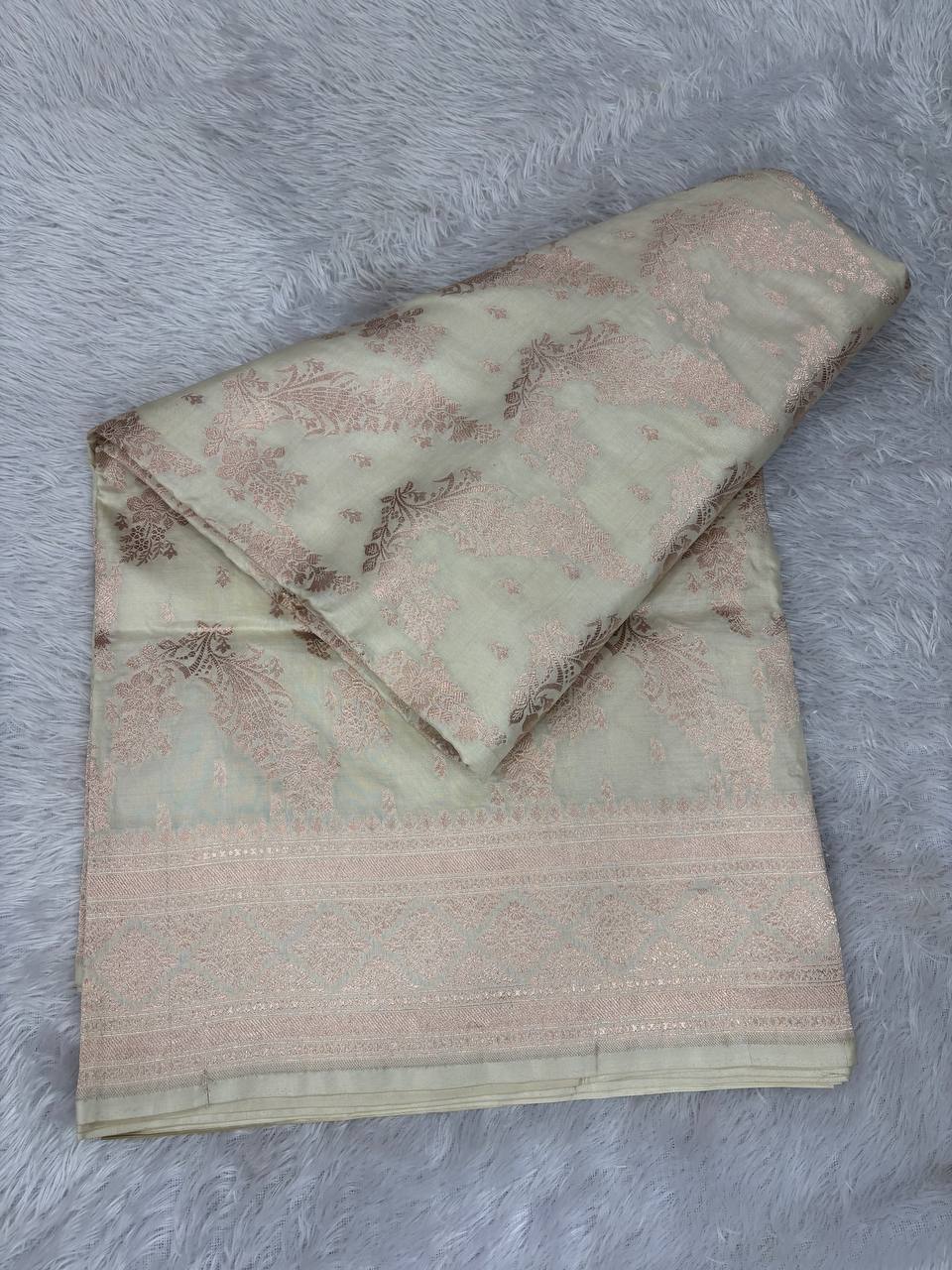 Off-White Katan Silk Banarasi Jungla Saree with Rose Gold Zari Cutwork and Grand Paisley Pallu