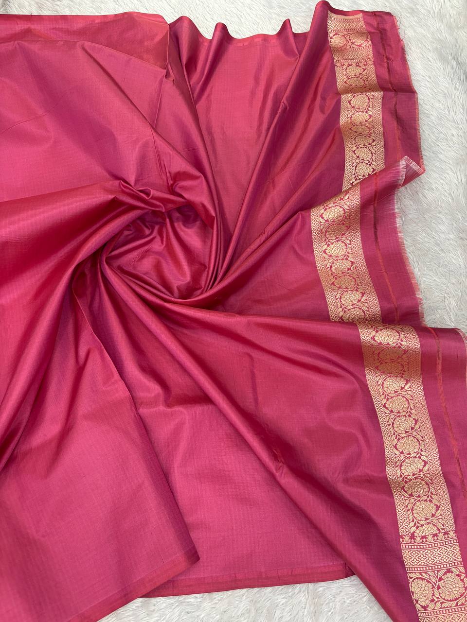 Deep Pink Katan Silk Banarasi Jungla Saree with Antique Gold Zari Cutwork and Diamond Lattice Pallu